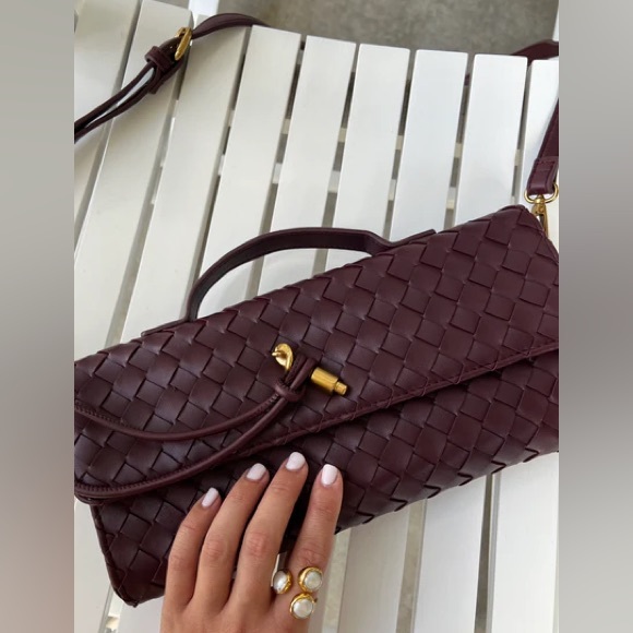 Dark chocolate Woven faux leather clutch purse bag with removable straps - Picture 3 of 9